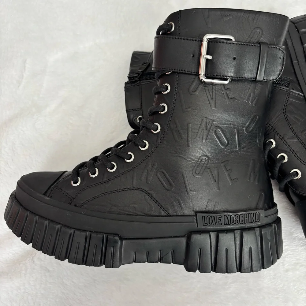 LOVE MOSCHINO Black Leather Moto Biker Boots--NEW--7 - Picture 7 of 15